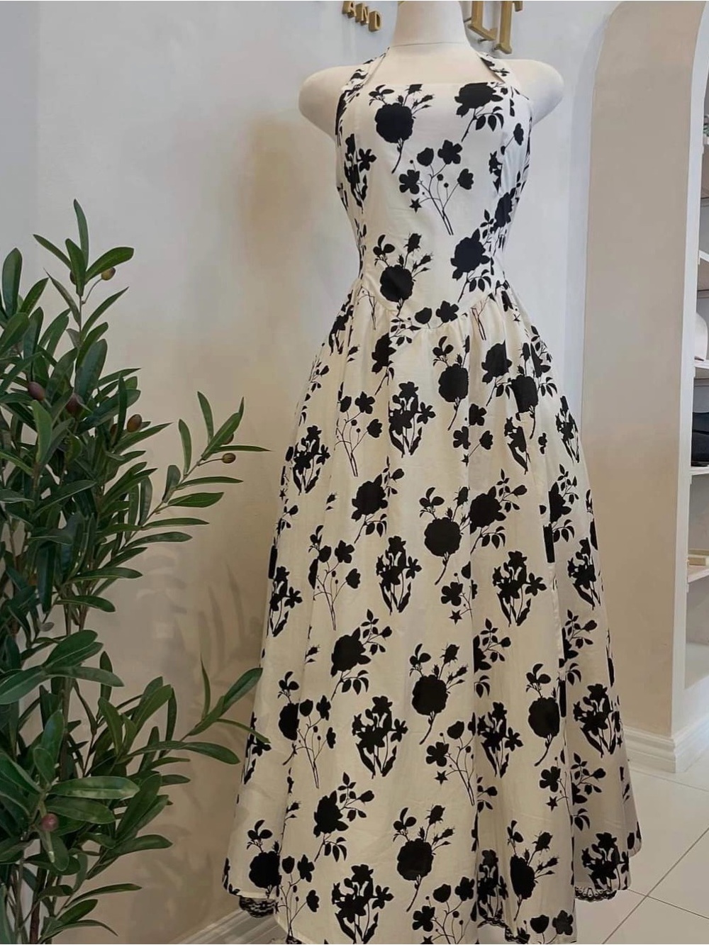 Klesis Halter-Neck Black & White Floral A-Line Dress